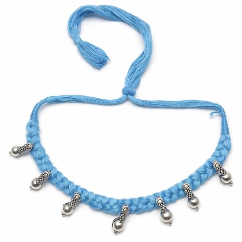 athizay Boho Charm Thread Choker Necklace – Braided Bohemian Choker with Oxidized Silver Dangle Charms | Handmade Boho Jewelry for Women - color: Sky blue, Silver
