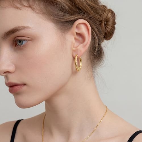 14K Gold Earrings for Women 14K Gold Hoop Earrings for Women Gold Hoop Earring for Womens Hoops Layered Textures and Subtle Bead Accents Hoops Earring for Womens 22/25 mm (25mm)