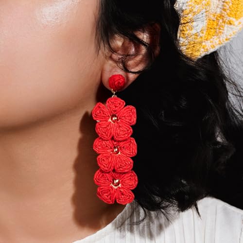 Boho Flower Earrings Statement Raffia Dangle Earrings Cute Floral Jewelry Trendy Summer Beach Vacation Outfits for Women - color: Red-2