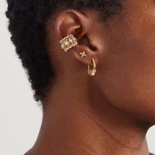 DREMMY STUDIOS Women Ear Cuff Non Piercing | 14K Gold Plated Cubic Zirconia Fake Earrings Wrap Clip on Cartilage Earring | Lightweight Hypoallergenic Jewelry SINGLE EAR CUFF - style: Lines Cuff