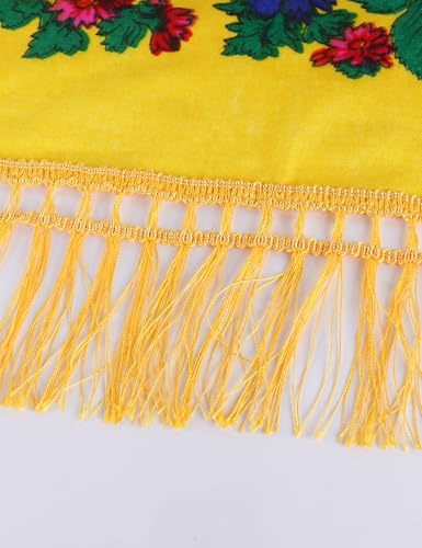 MJ SERECA Acrylic Bandana Printed Hair Scarf Square Ukrainian Head Scarf Floral Babushka Neck Scarf for Women 30"/42"/60" - color: Yellow With Tassel