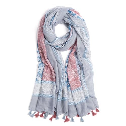 QIUTIMIY Scarf for Women Lightweight Soft Floral Leopard Printed Scarves Fall Winter Fashion Shawl Wrap with Fringe - color: Flower-gray Pink