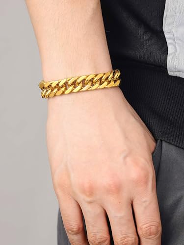 ChainsHouse Stainless Steel Cuban Link Bracelet, 8mm/12mm/17mm Width, 7.5"/8.3"/9", 18K Gold Plated Chain Wrist Bracelets for Men Women, Send Gift Box - color: W: Gold-12mm width-custom