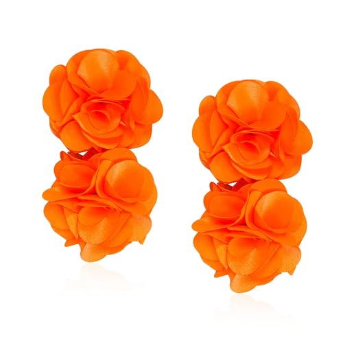 Oversized Fabric Flower Earrings for Women Statement Boho Chic Dangle Drop Earrings for Parties Weddings or Everyday Wear - color: Orange