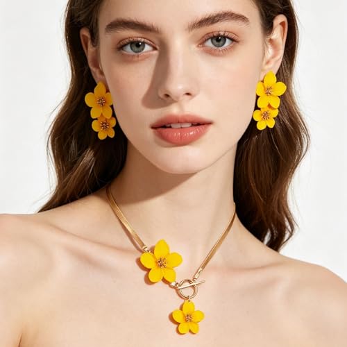 WCRAZYE Gold Flower Earrings Necklace Set for Women Boho Summer Daisy Floral Statement Earrings Brides Wedding Guest Dresses Jewelry - color: Yellow