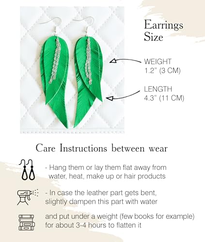 Black shiny Leather Feather Earrings for Women, Lightweight Minimal Boho Dangle Earrings, Small Simple Everyday Jewelry - color: green