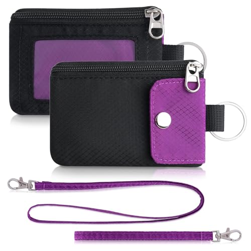 Artpaxy Minimalist Wallet For Mens Womens, Keychain RFID Blocking Zipper Small Wallet with ID Window 2 Lanyards,Water Resistant Travel Cash Card Coin Case Boys Girls - color: Purple Black, style: Casual