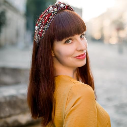 WantGor Pearl Knotted Headband, Women Rhinestone Embellished Hairband Elegant Wide Top Knot Bride Headbands Headpieces Party Fashion Elegant Ladies Hair Band Hair Hoop Accessories (Red Plaid) - color: Red Plaid