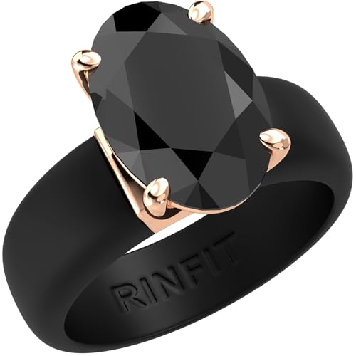 Rinfit Silicone Ring with Stone - Oval Cut Cubic Zirconia Solitaire Engagement Ring for Women - Rubber Wedding Bands - Patented Design - color: Pack N: Black / Rose Gold / Black Stone