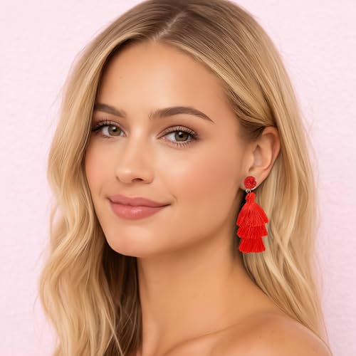 Tassel Earrings for Women - Colorful Layered Tassle Dangle Drop Earrings - color: Red