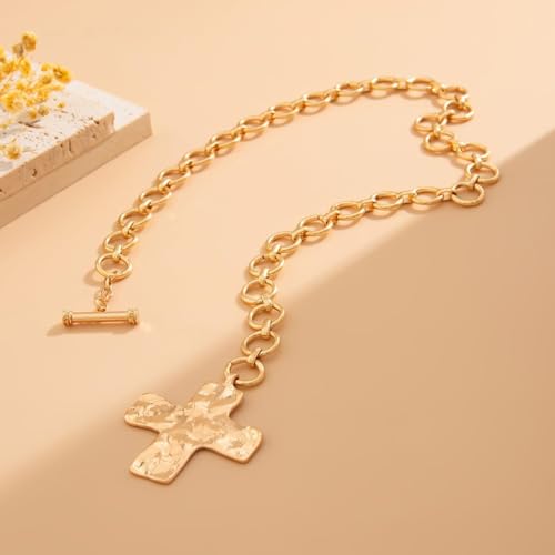 Chunky Cross Necklace for Women Chunky Gold Necklace Statement Cross Pendant Vintage Toggle Clasp Necklace Jewelry for Women - color: A1-Gold Cross Necklace