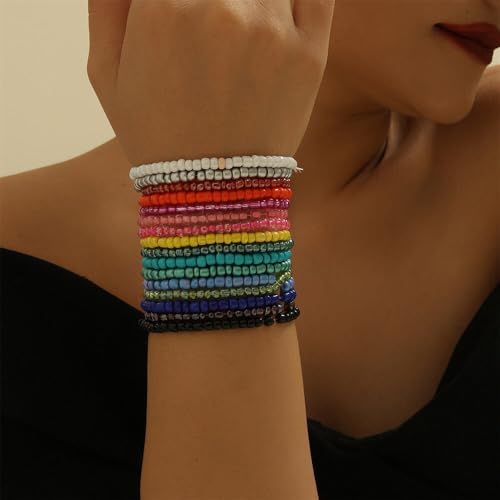 Boho Stackable Seed Beaded Bracelets for Women 18-20Pcs Colorful Handmade Multilayered Rice Bead Bracelet Set Summer Beach Bohemian Jewelry Gift - color: B-Multicolor(larger)