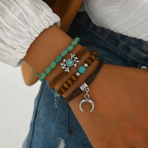Western Turquoise Beaded Bracelet Stack - Vintage Cowgirl Stretch Set with Bull Skull, Feather & Boot Charms, Handmade Boho Jewelry for Rodeo, Country Concerts & Casual Western Outfits - style: Leaf