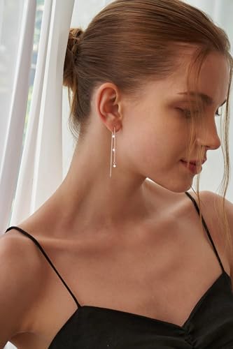 NECOCY Gold Dangle Earrings for Women Non Tarnish 14K Gold Plated Drop Wedding Hypallergenic Earring Dainty Long Hanging Chain CZ Pearl Threader Earrings Trendy Silver Plated Jewelry for Women - style: Silver&Style3