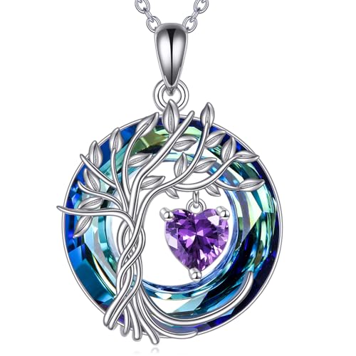 POPLYKE Mothers Day Gifts for Mom Her Wife Tree of Life Necklace 925 Sterling Silver Birthstone Pendant with Crystal Anniversary Birthday Wedding Jewelry for Women - color: 02-Feb-Amethyst, style: White Gold Plated-Blue Crystal
