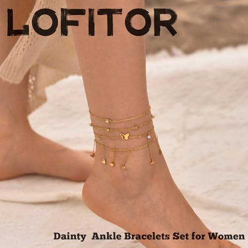 LOFITOR Ankle Bracelets for Women Glitter Waterproof Adjustable Anklet Set for Women 18K Gold Plated Silver Charm Dainty Layered Anklets, Summer Beach Anklet Jewelry for Women - style: Butterfly Gold