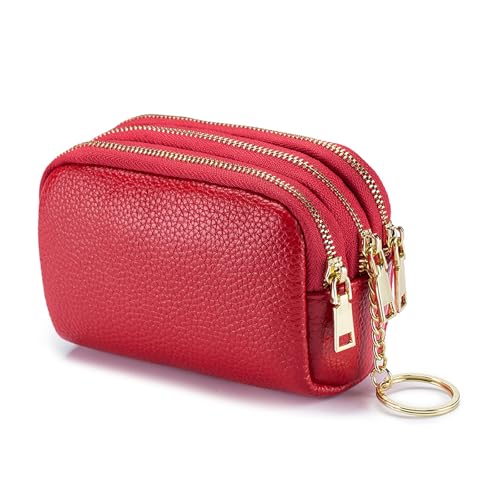SENDEFN Small Coin Purse Leather 3 Zippered Change Pouch Wallet with Key Ring for Women - color: 1-Red