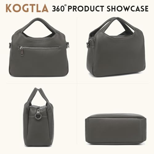 KOGTLA Medium Genuine Leather Purses for Women with Detachable Satchel Strap, Ladies Soft Handbags, Tote Hobo Bags - color: Grey