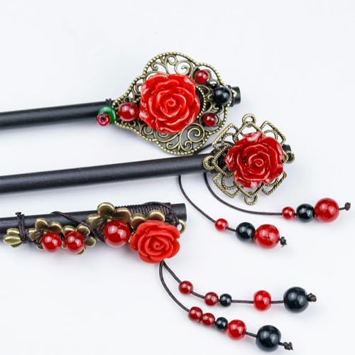 3 Pieces Retro Wooden Hair Sticks with Tassels and Flowers - Vintage Handmade Rose Hair Accessories for Women and Girls