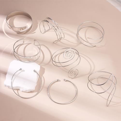 Arm Cuff Bracelet for Women Arm Layered Cuff Bangles Adjustable Coil Swirl Armlet ArmBand Stackable - style: 8 Sets Silver