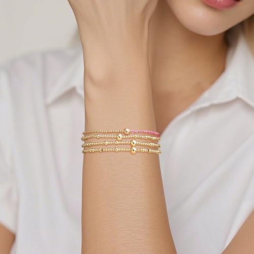 Gold Beaded Stackable Friendship Bracelets Set for Women, Handmade Boho Stretch Summer Jewelry Gift. - color: gold fuchsia