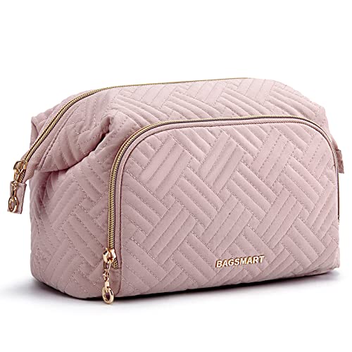 BAGSMART Travel Makeup Bag, Cosmetic Bag Small Make Up Organizer Case,Wide-open Pouch for Women Purse for Toiletries Accessories Brushes Pink - color: A-1 Layer- Pink, size: Small