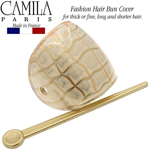 Camila Paris CP3341 French Hair Bun Holder Cover Cap Hair Updo, White and Gold, Hair Pin Thru, Strong Hold Grip Hair Clips for Women, No Slip and Durable Styling Girls Hair Accessories, Made in France - color: White/Gold