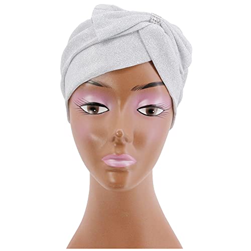 Erinaco Women Sparkle Sequin African Turban Bow Knot Pre-Tied Cap Pleated Ruffle Bonnet Beanie Hat Headwrap Skull Caps - color: Glitter White