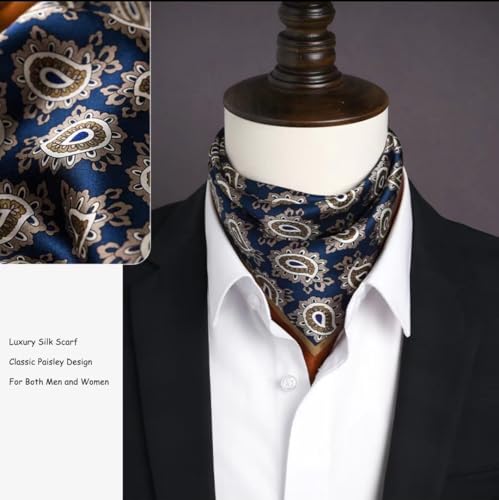 ANDANTINO 100% Mulberry Silk Scarf -21” Square Neckerchief with Gift Packed - color: Brown&blue-paisley