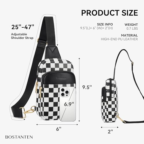 BOSTANTEN Sling Bag Quilted Crossbody Bags for Women Cross Body Purse Leather Fanny Pack with Adjustable Guitar Strap - color: A-checkered Black