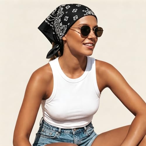 Junvena 27 Inch Extra Large Bandana 100% Cotton,Soft Thin Breathable Headband for Men Women, Solid & Paisley - color: Black Paisley 3 Pack