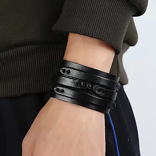 NIGHTCRUZ Punk Leather Cuff Bracelet, 2PCS Vintage Leather Wristband for Men Women - color: Black