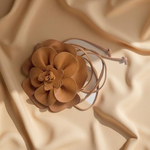 Boho Big Flower PU Leather Waist Belt Chain for Women Rose Floral Camellia Long Tassel Adjustable Waist Band Jewelry - color: Light Camel