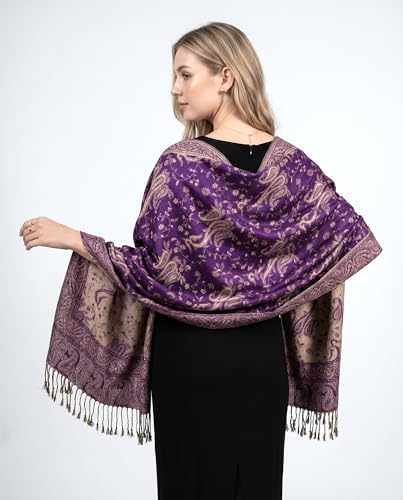 Achillea Reversible Paisley Pashmina Rave Scarf – Exotic Indian Shawls and Wraps for Evening Dresses, Festivals, All Seasons - color: Purple