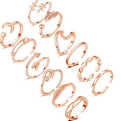 Honsny 12PCS Silver Plated Rings Adjustable Open Rings for Women Cute Gold Plated Stackable Thumb Rings Joint Chain Midi FingerArrow Knot Wave Band Rings Set - color: 12PCS Rose Gold