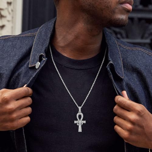 Eye of Horus Ankh Cross Pendant Necklace 18K White Gold Plated Iced Out CZ Bling Ancient Egyptian Religious Symbol Protection Chain Jewelry for Men Women Christmas Birthday Gift - color: White