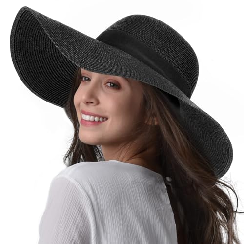 FURTALK Womens Sun Straw Hat Wide Brim UPF 80 Summer Hat Foldable Packable Floppy Beach Hats for Women - color: Pure Black, size: Large-X-Large