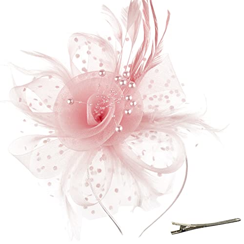 DRESHOW Fascinators Hat Flower Mesh Ribbons Feathers on a Headband and a Clip Tea Party Headwear for Girls and Women - color: 7" Diameter / Blush Pink