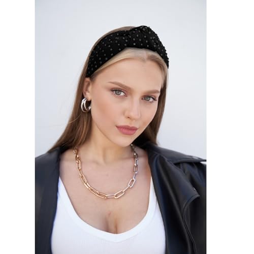 YISSION 1PC Pearl Knotted Headband for Women Non Slip Beaded Headband Wide Pearl Headbands for women Jeweled Embellished Hairband Black Head Band Hair Accessories for Women Girls - color: Black Pearl