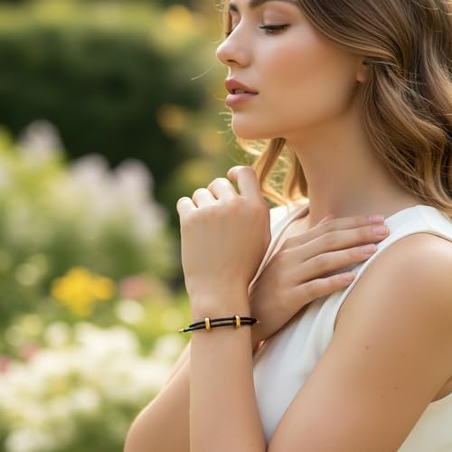 18K Gold Plated Stainless Steel Braided Leather Bracelet for Women - Adjustable Genuine Cowhide Woven Cord Wristband - Boho Minimalist Friendship Jewelry Gift - color: Black