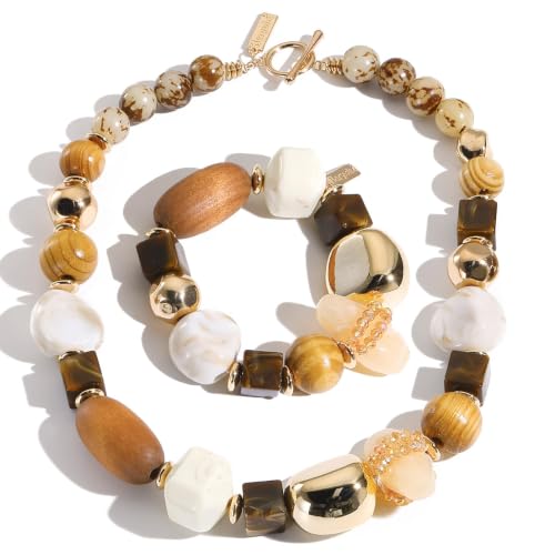 Beaded Gold Statement Necklace for Women Boho Mixed Metal Collar Necklace Bracelet Set Summer Vacation Jewelry（BN-ST109-Golden-）