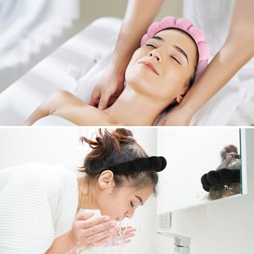 Ztomine Spa Headbands for Washing Face or Facial, Set of 2 Skincare Headbands, Terry Cloth Headband Wash Combo Pack - Puffy Makeup Washing, Mask, Skin Treatment (Black & Pink) - color: Black+Pink