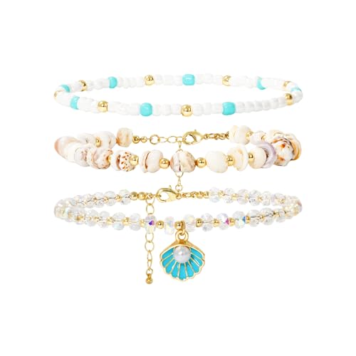 RISHEGAE Shell Anklet Bracelets for Women 14K Gold Plating Boho Bead Anklet Adjustable Womens Anklets Stretch Summer Beach Shell Drawstring Starfish Daisy Anklets Accessories Jewelry Gifts