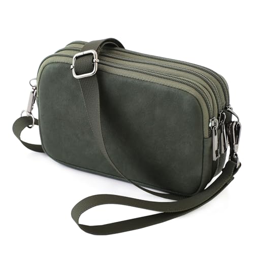 Small Wristlet Wallet for Women, 3-Zip Crossbody Phone Purse - color: Olivegreen/Pu