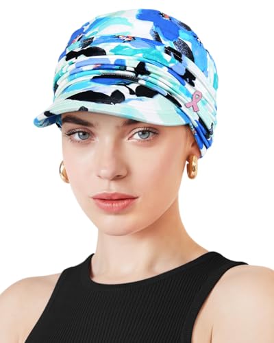Chemo Headwear Viscose Newsboy Cap for Women Summer Hats - color: Blue Ink Flowers