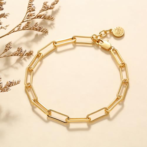 Dremmy Studios Gold Bracelet for Women 18K Gold Plated Dainty Paperclip Cubic Zirconia Disc Coin Star Cable Satellite Bead Pearl Simple Boho Minimalist Stacking Layered Link Jewelry Gift - color: Paperclip A