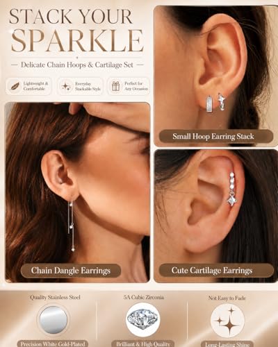 LOYALLOOK Hypoallergenic Flat Back Stud Hoop Earrings for Women, 14K Gold Plated Surgical Steel Earring Stacks Set for Sensitive Ears, Dainty Dangle Chain Silver Cartilage Earring Trendy Piercing Jewelry - color: Silver-chain