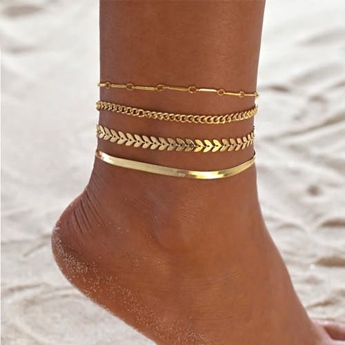HAXIYA Waterproof Gold Anklets for Mom, Mothers Day Gifts Mama Dainty 18K Gold Plated Anklets Layered Cuban Link Chain Herringbone Cute Anklets Set Summer Beach Jewelry Gift for Women