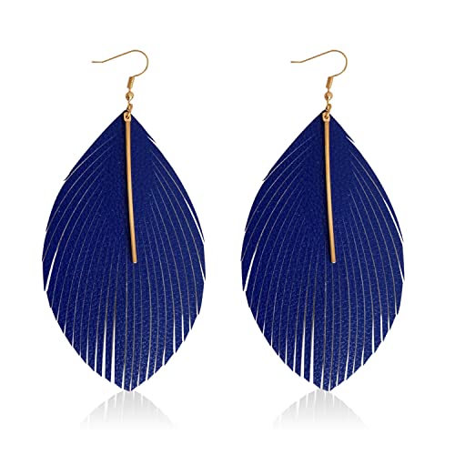 Minimalist Handmade Lightweight Large Soft Faux Leather Fringe Feather Dangle Drop Earrings Bohemian Huge Leaf Hook Earrings with Bar for Women - color: Blue