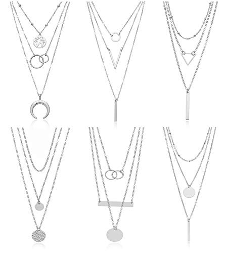 6 Pieces Layered Necklaces For Women Long Necklaces Gold Choker Necklaces Map Coin Bar Crescent Moon Necklace Layered Y Pendant Necklace Multilayer - color: sliver